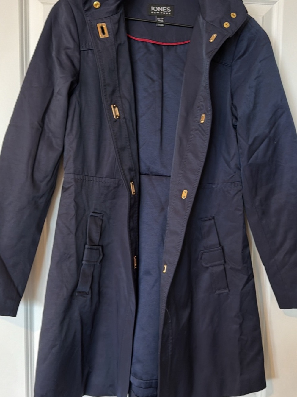 Jones New York Navy Hooded Trench Coat with Gold Accents